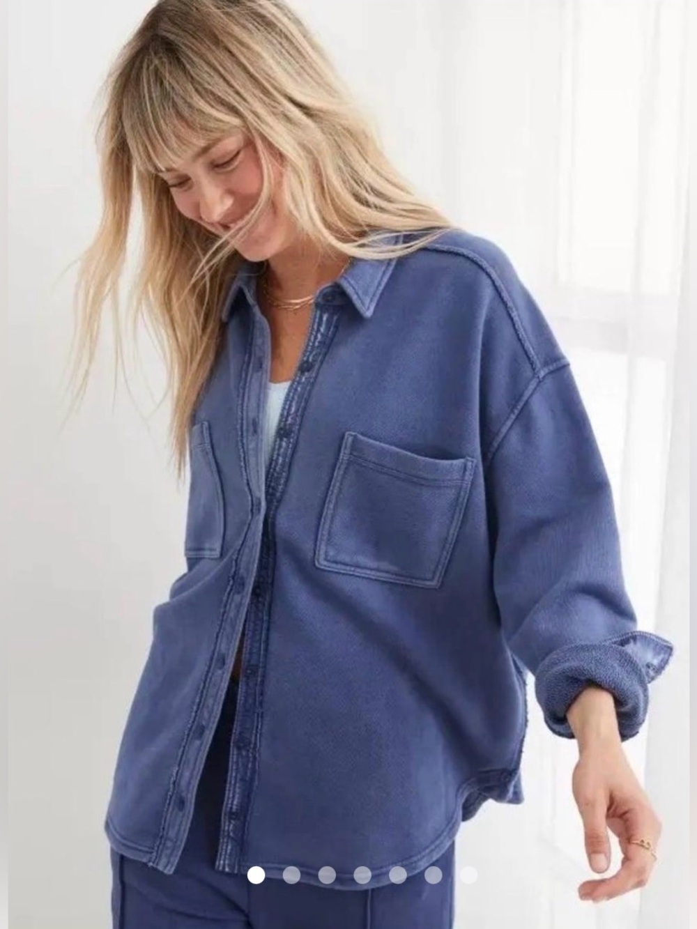 Aerie Lumber Jane Fleece Washed Blue Navy Button Down Shirt Size Small